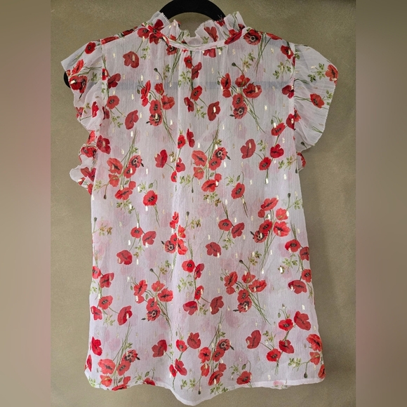C by One | Semi-Sheer White & Red Floral Blouse with Ruffle Sleeves, Size M - Picture 2 of 8